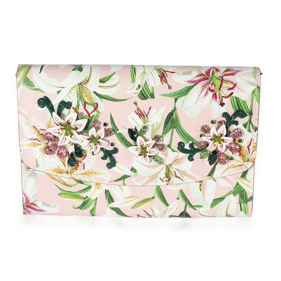 Dolce & Gabbana Pink Floral Print Coated Canvas Embellished Clutch - Picture 1 of 7